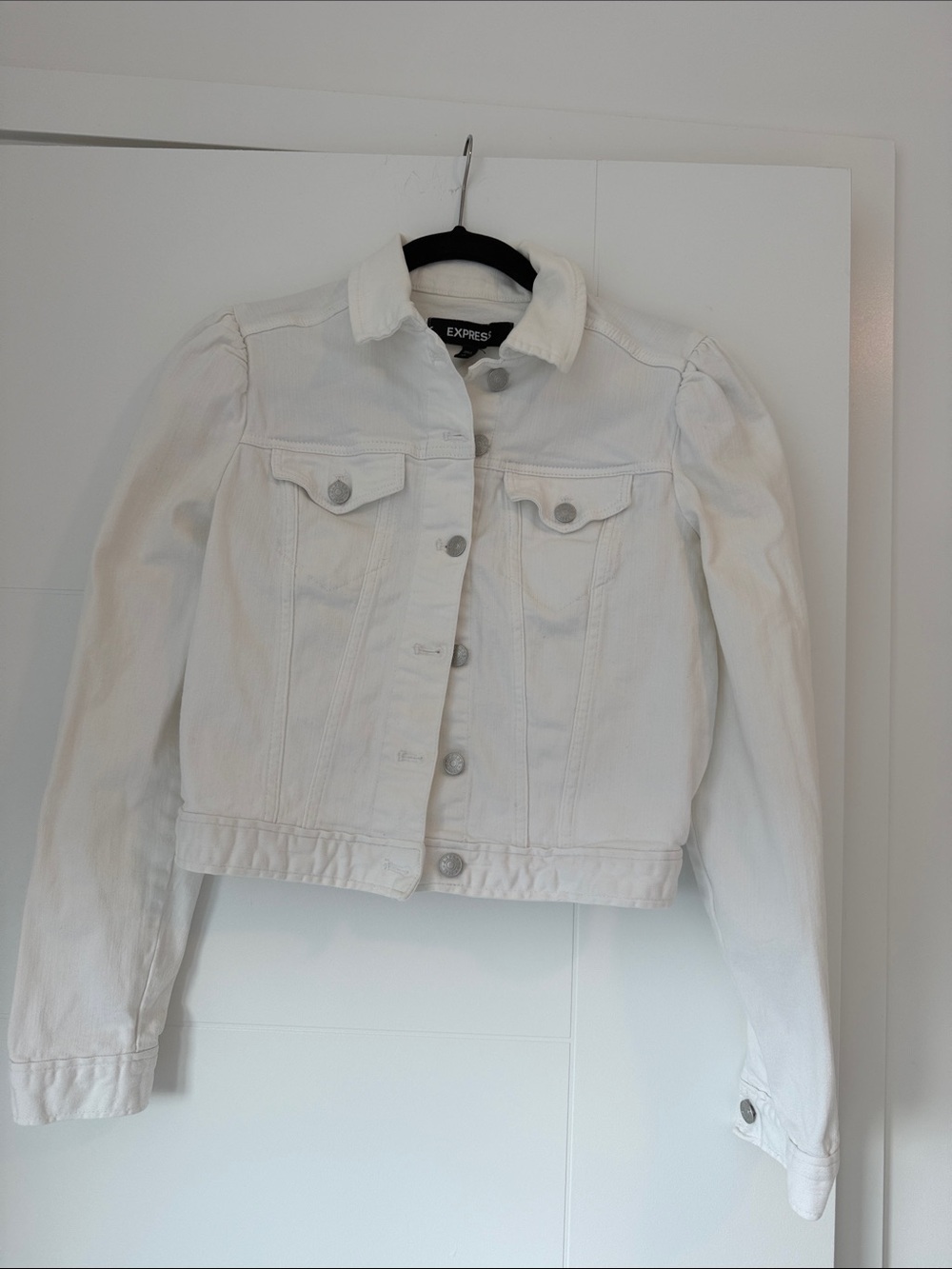 Express White Denim Jean Jacket with Button Front & Puff Sleeves